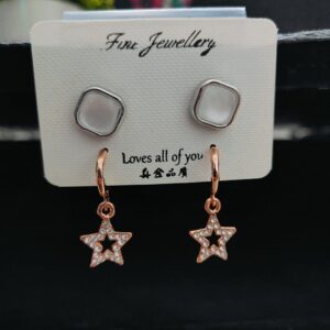 Rose Gold Star Drops Earrings & Stud Diamond Stone Set